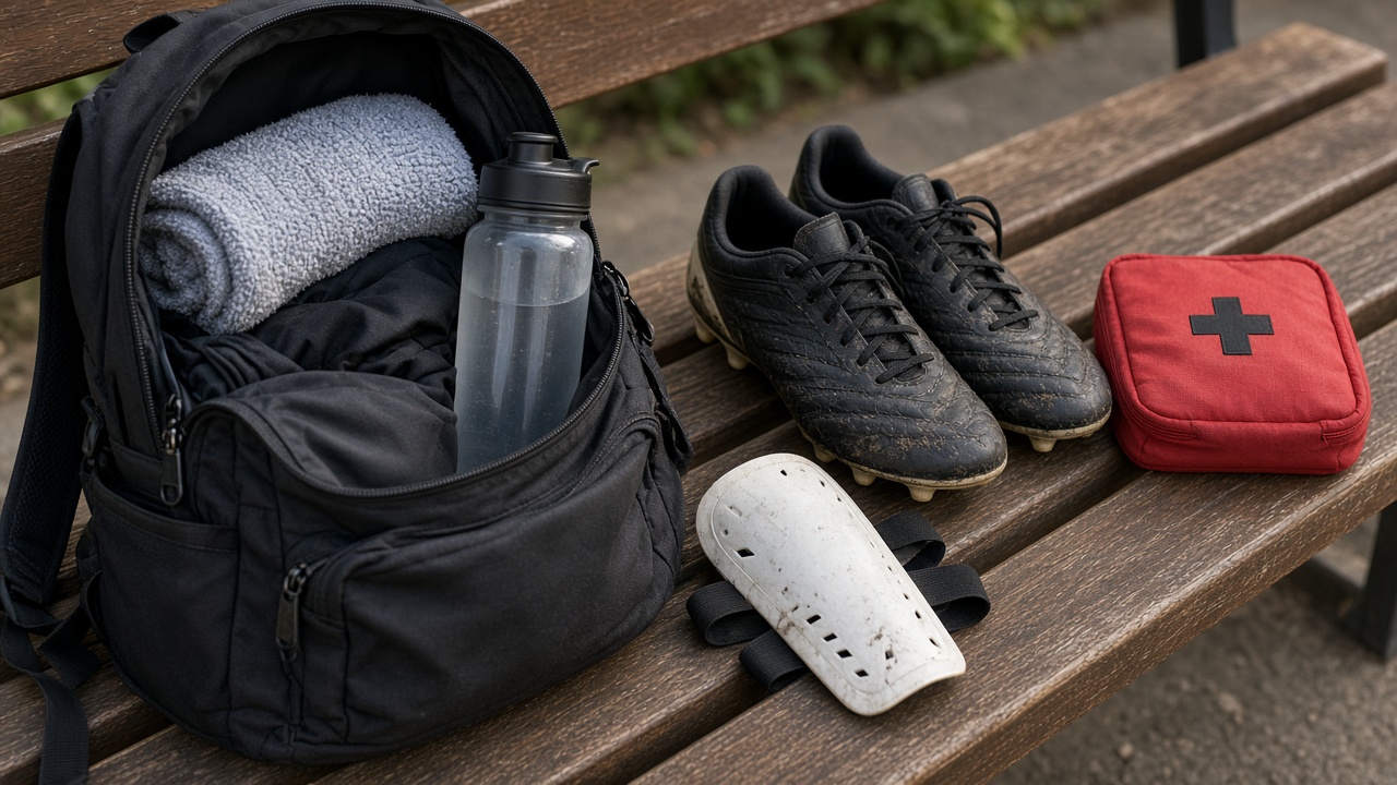 Mochila deportiva abierta con botas, botella de agua, espinilleras y botiquín preparados para el partido