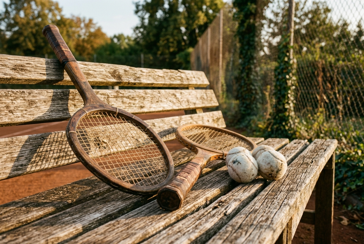 Raquetas de tenis de madera antiguas y pelotas blancas sobre un banco de madera, evocando los origenes del deporte.