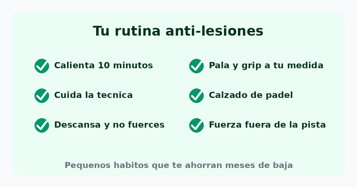 Rutina anti-lesiones de pádel: calienta, cuida la técnica, descansa, pala y grip a tu medida, calzado de pádel y fuerza fuera de la pista