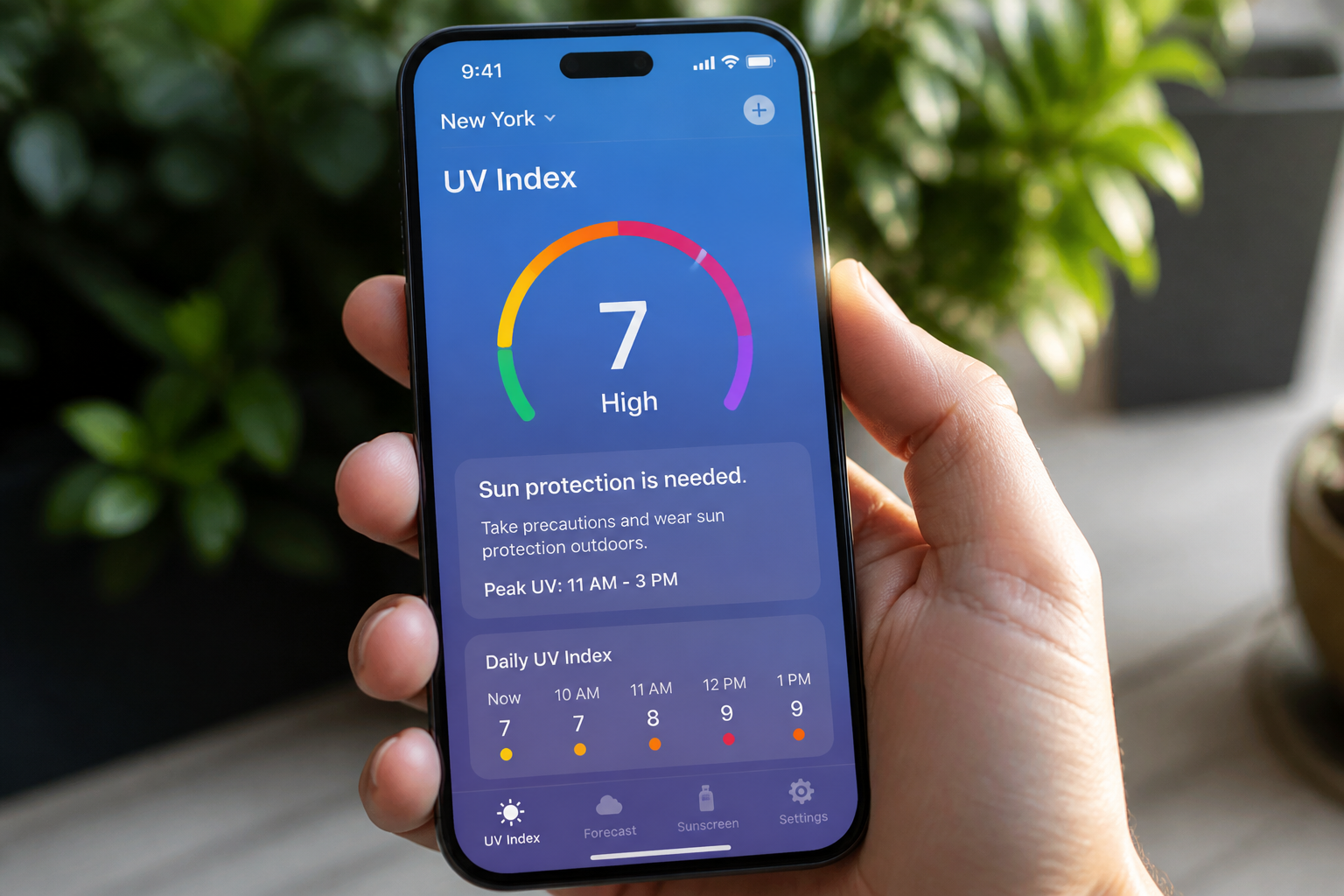 Móvil con aviso de índice UV extremo en una app del tiempo, junto a protector solar y cinta deportiva sobre un escritorio
