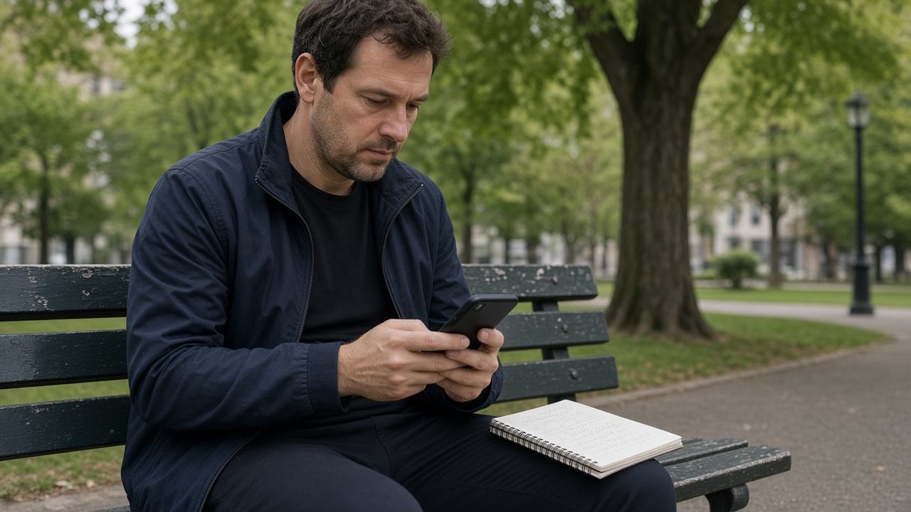 Capitán de equipo amateur escribiendo un mensaje breve al grupo para cerrar el partido del domingo y abrir la semana