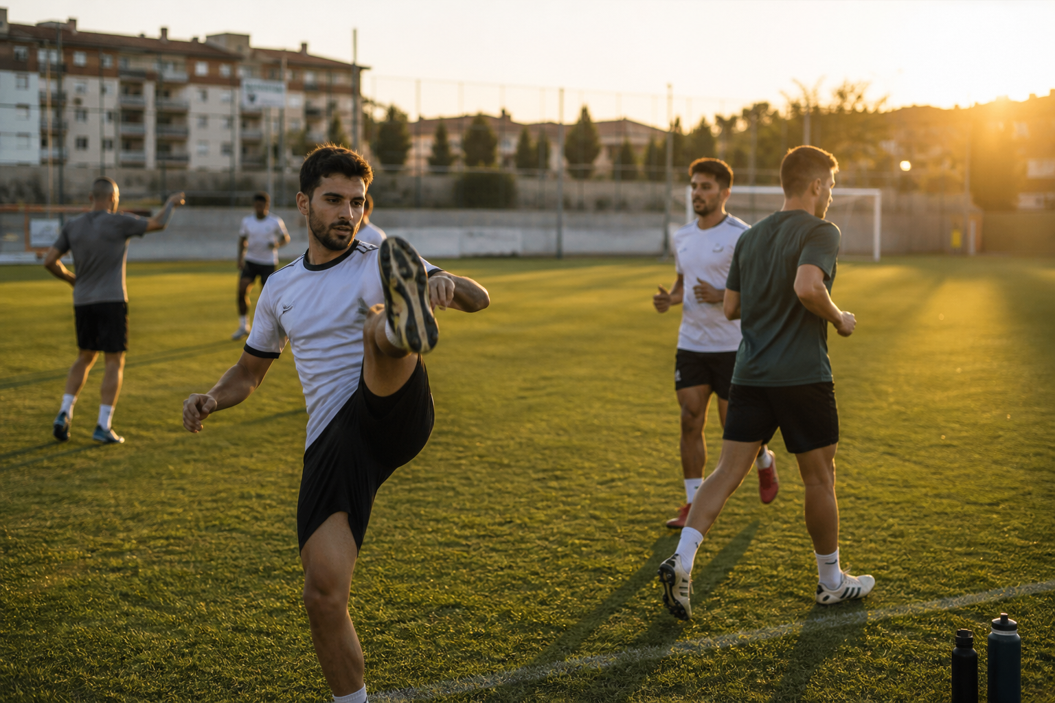 Jugadores amateur calentando en un campo municipal al atardecer de verano, con estiramientos dinámicos y equipamiento deportivo visible