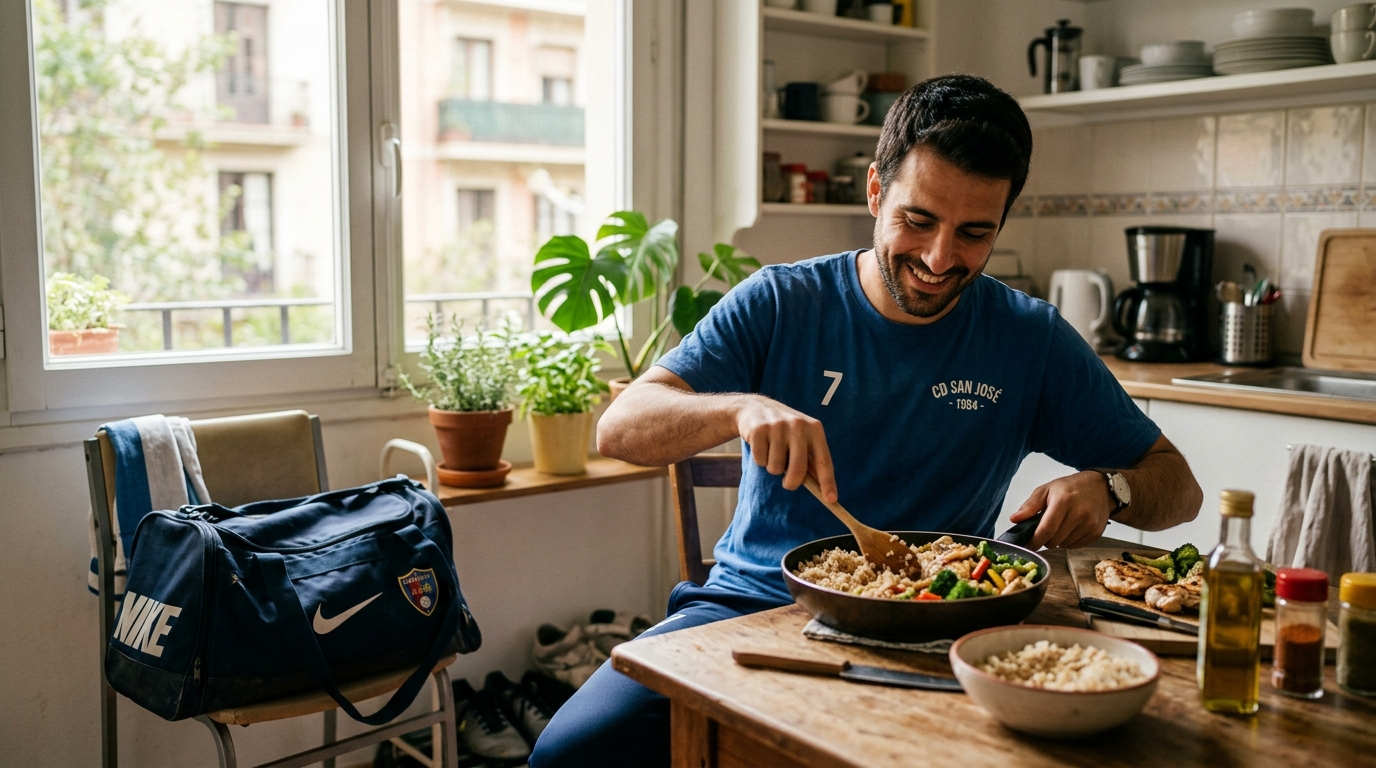 Jugador amateur preparando comida saludable en la cocina el sábado antes del partido de liga