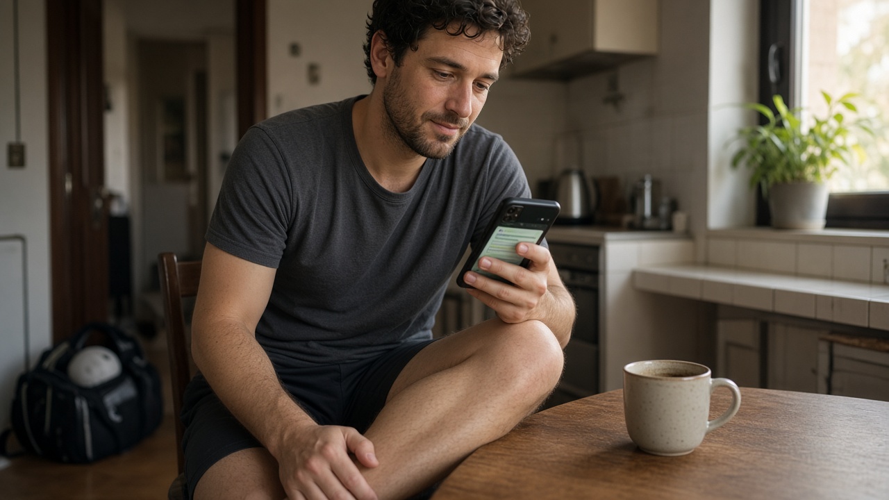 Jugador de fútbol amateur en casa el lunes por la mañana, recuperándose tras el partido del domingo mientras revisa el móvil