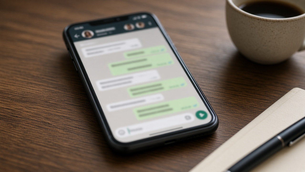 Smartphone con chat de equipo en un escritorio el lunes por la mañana