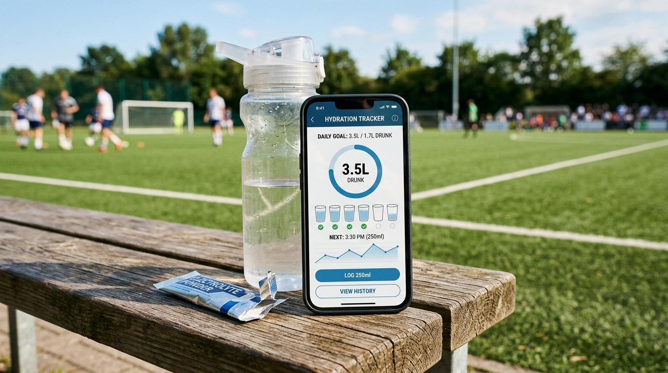 Botella de agua y bebida isotónica en el banquillo de un campo deportivo en verano