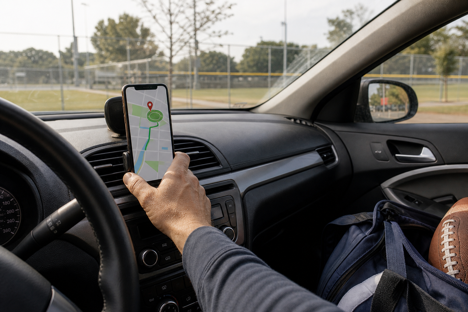 Navegación GPS en el coche rumbo al campo visitante