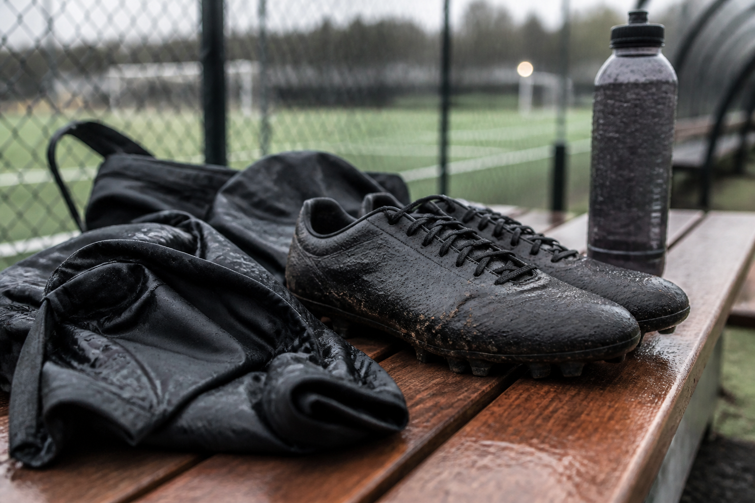 Botas de fútbol mojadas y chaqueta impermeable en un banquillo de un recinto deportivo al aire libre