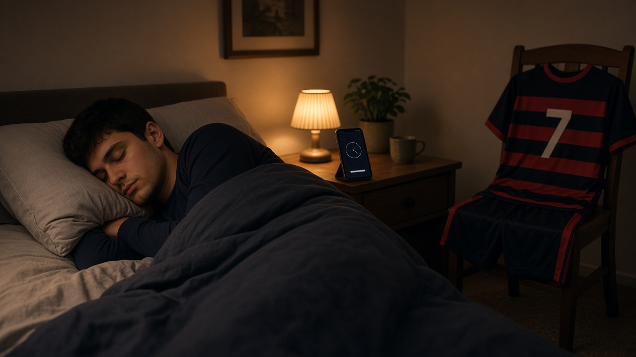 Dormitorio preparado para la noche antes del partido con la ropa deportiva doblada y el despertador configurado