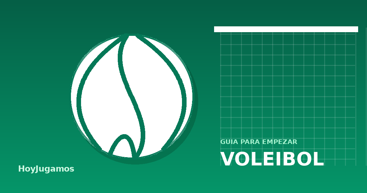 Ilustración de un balón de voleibol junto a una red, con el rótulo Voleibol guía para empezar de HoyJugamos