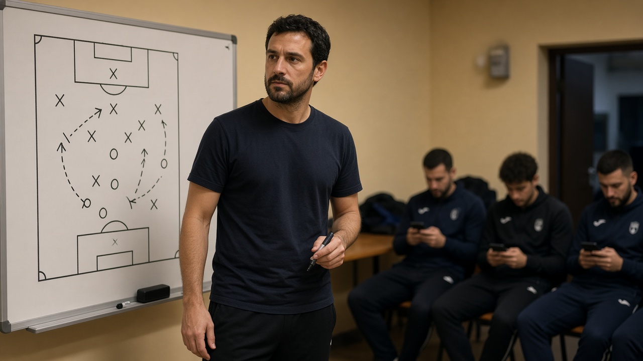 Capitán de liga amateur repasando la táctica en una pizarra antes del fin de semana