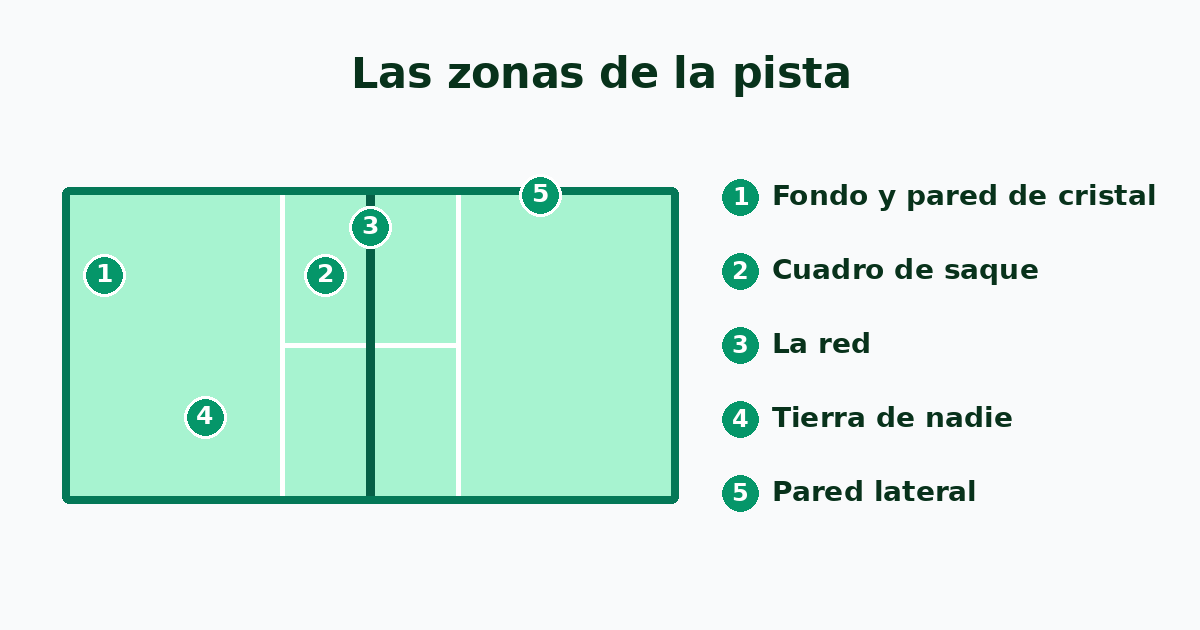 Esquema de una pista de pádel con sus zonas numeradas: fondo y pared de cristal, cuadro de saque, red, tierra de nadie y pared lateral