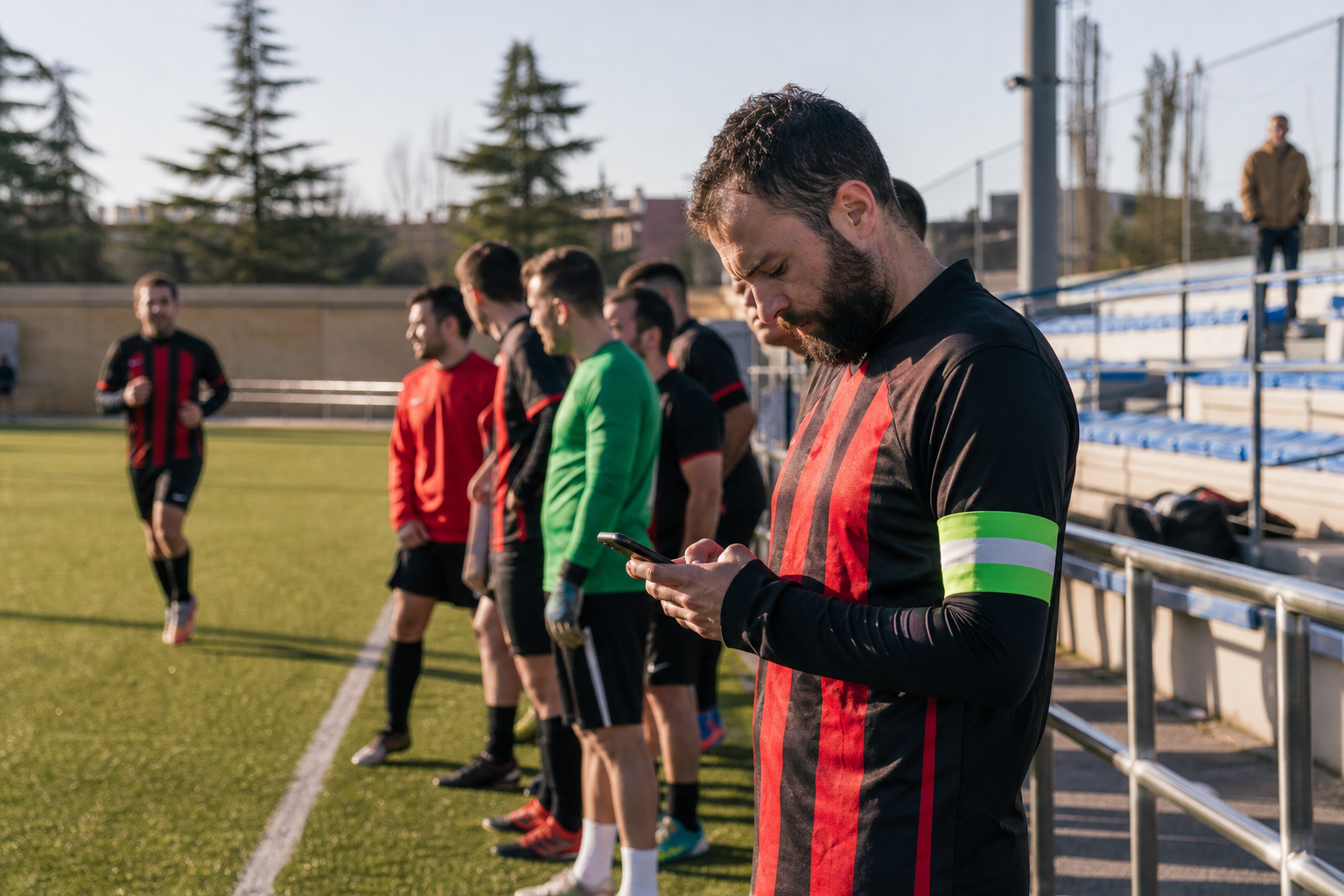 Jugadores de un equipo amateur esperando en el campo mientras el capitán revisa el móvil para confirmar asistencias