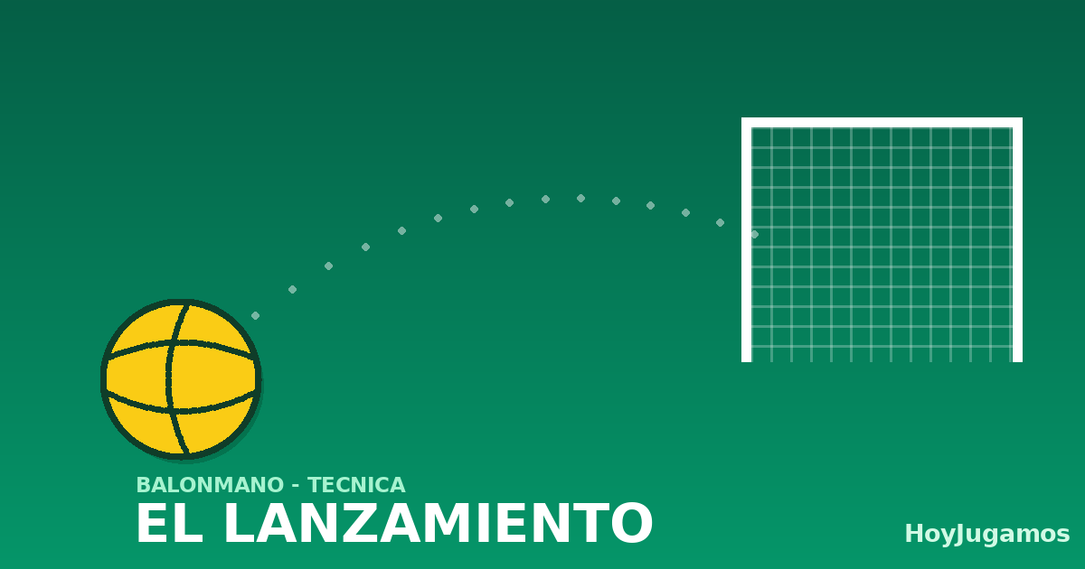 Ilustración de un balón de balonmano y su trayectoria hacia la portería, con el rótulo El lanzamiento de HoyJugamos