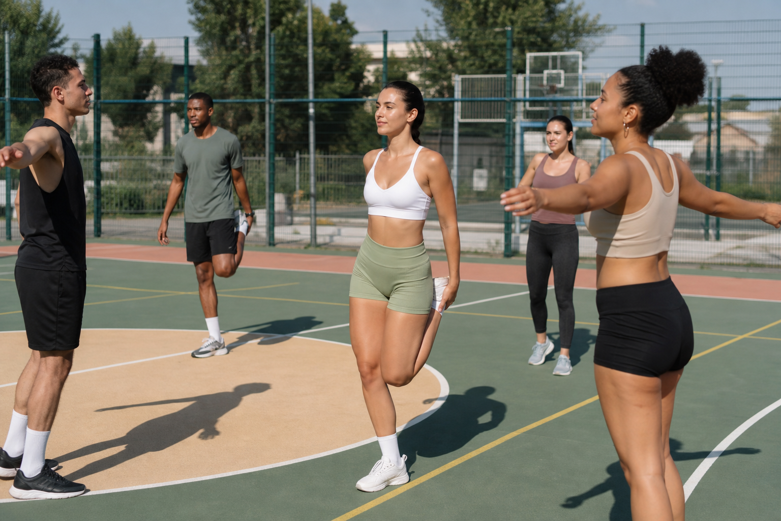 Grupo de jugadores amateur haciendo estiramientos y movilidad articular en una pista deportiva al aire libre en verano