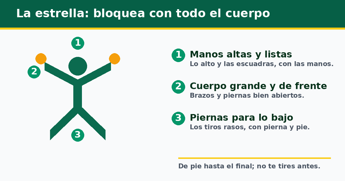 La estrella del portero de balonmano: manos altas para lo alto, cuerpo grande y de frente, y piernas abiertas para cortar los tiros rasos