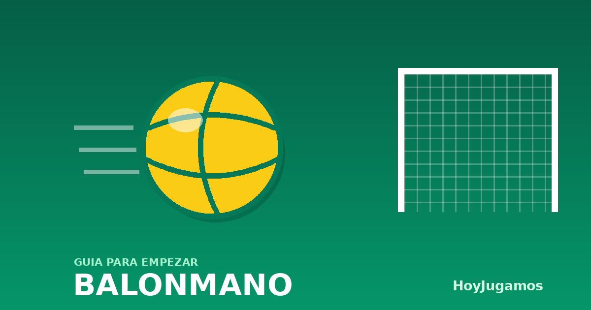 Ilustración de un balón de balonmano en vuelo hacia una portería, con el rótulo Balonmano guía para empezar de HoyJugamos