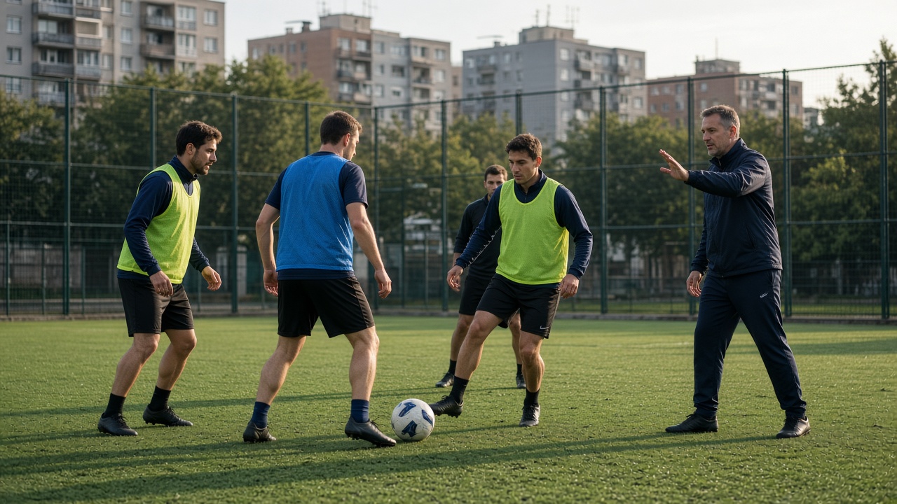 Entreno ligero de miércoles en liga amateur con ejercicio de pases en campo municipal