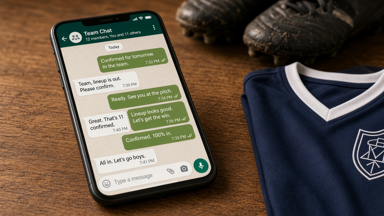 Smartphone con el grupo de WhatsApp del equipo confirmando convocatoria para el partido del domingo