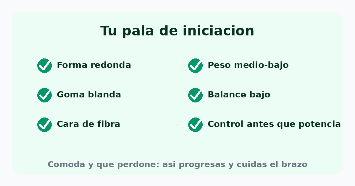 Tu pala de iniciación: forma redonda, goma blanda, cara de fibra, peso medio-bajo, balance bajo y control antes que potencia