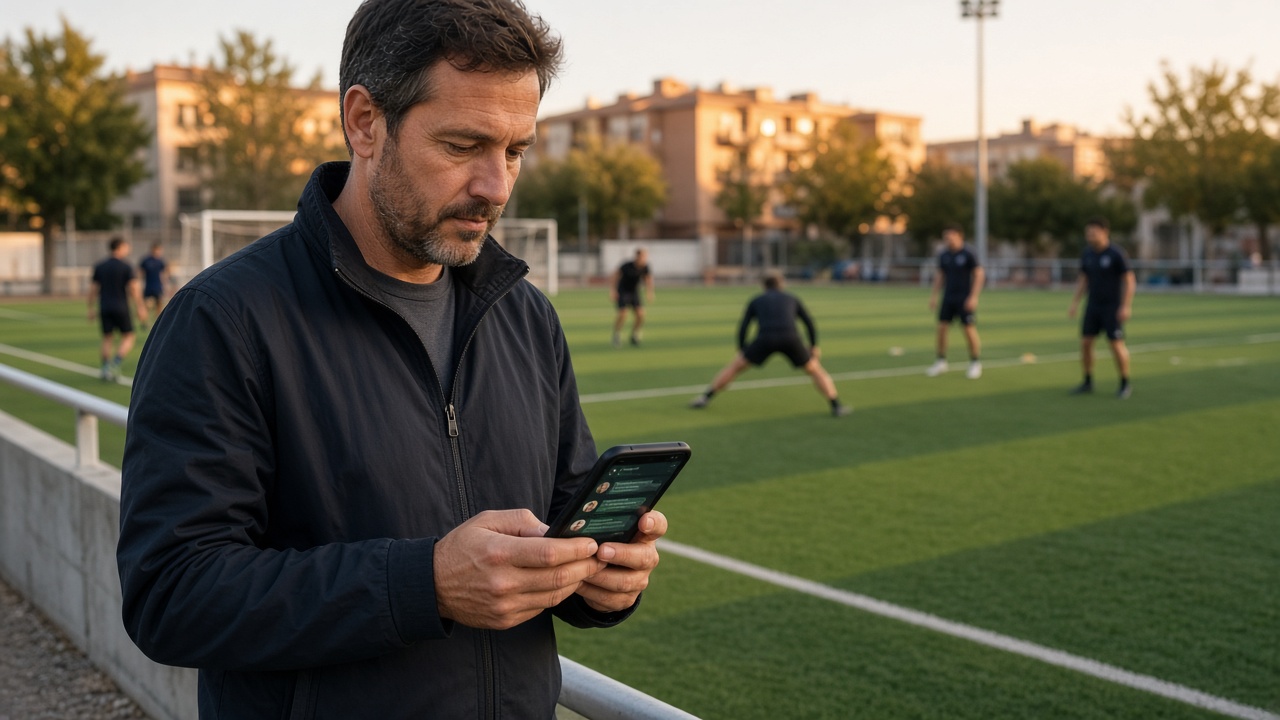 Jugador de liga amateur consultando la convocatoria en el móvil junto al campo de fútbol al atardecer