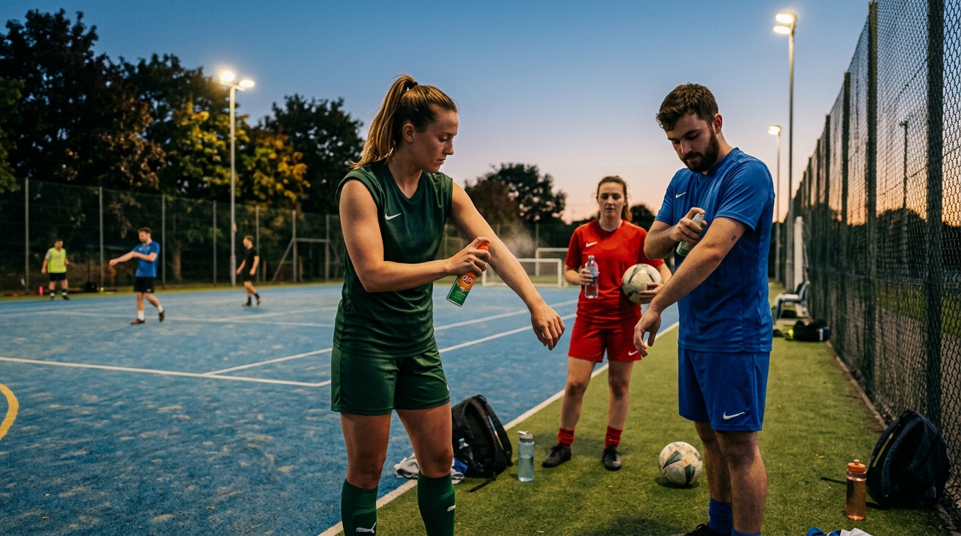 Jugadores aplicándose repelente antes de un partido al atardecer