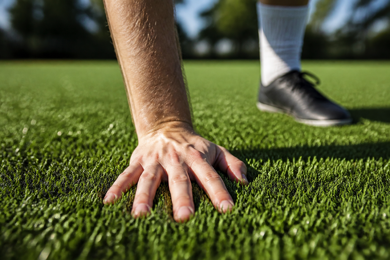 Mano de jugador tocando el césped artificial caliente en verano