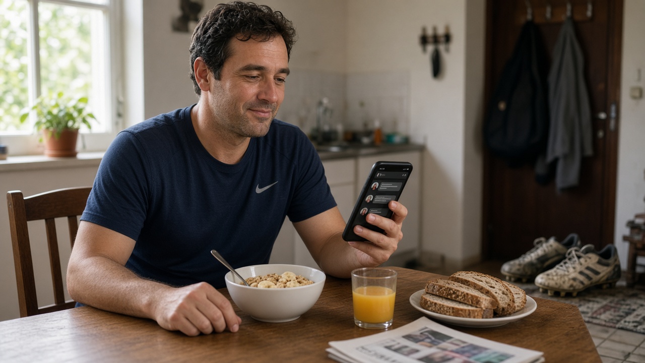 Jugador de fútbol amateur en casa el lunes por la mañana tras el partido del domingo, desayunando con las botas cerca