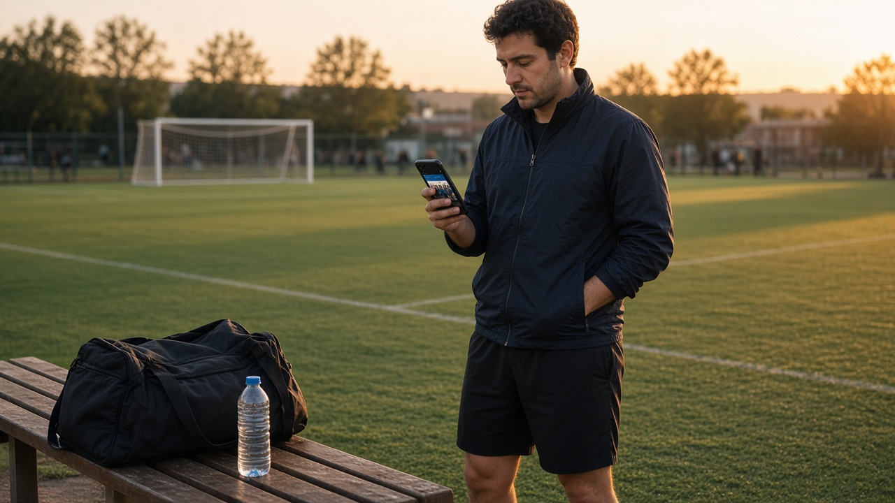 Capitán de equipo amateur revisando la convocatoria en el móvil junto a su mochila en el campo un viernes por la tarde