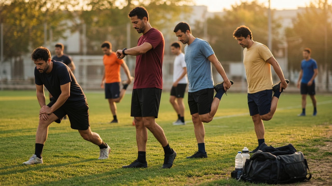 Jugadores de fútbol amateur calentando en un campo municipal un domingo por la mañana con luz cálida de septiembre