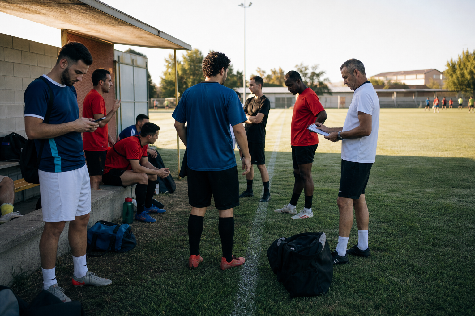 Jugadores amateur reunidos en la banda de un campo municipal antes del primer partido de liga