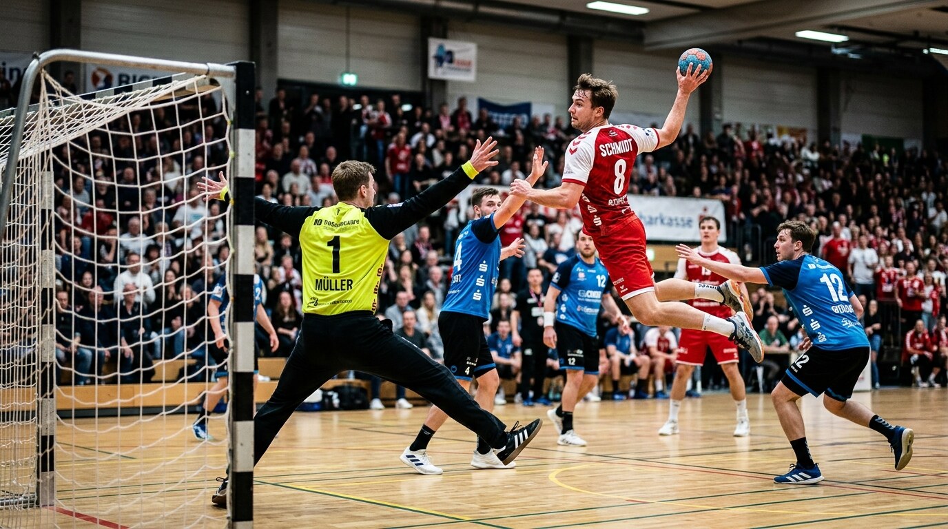 Jugador de balonmano saltando para lanzar a porteria en un pabellon, con el portero defendiendo la meta.
