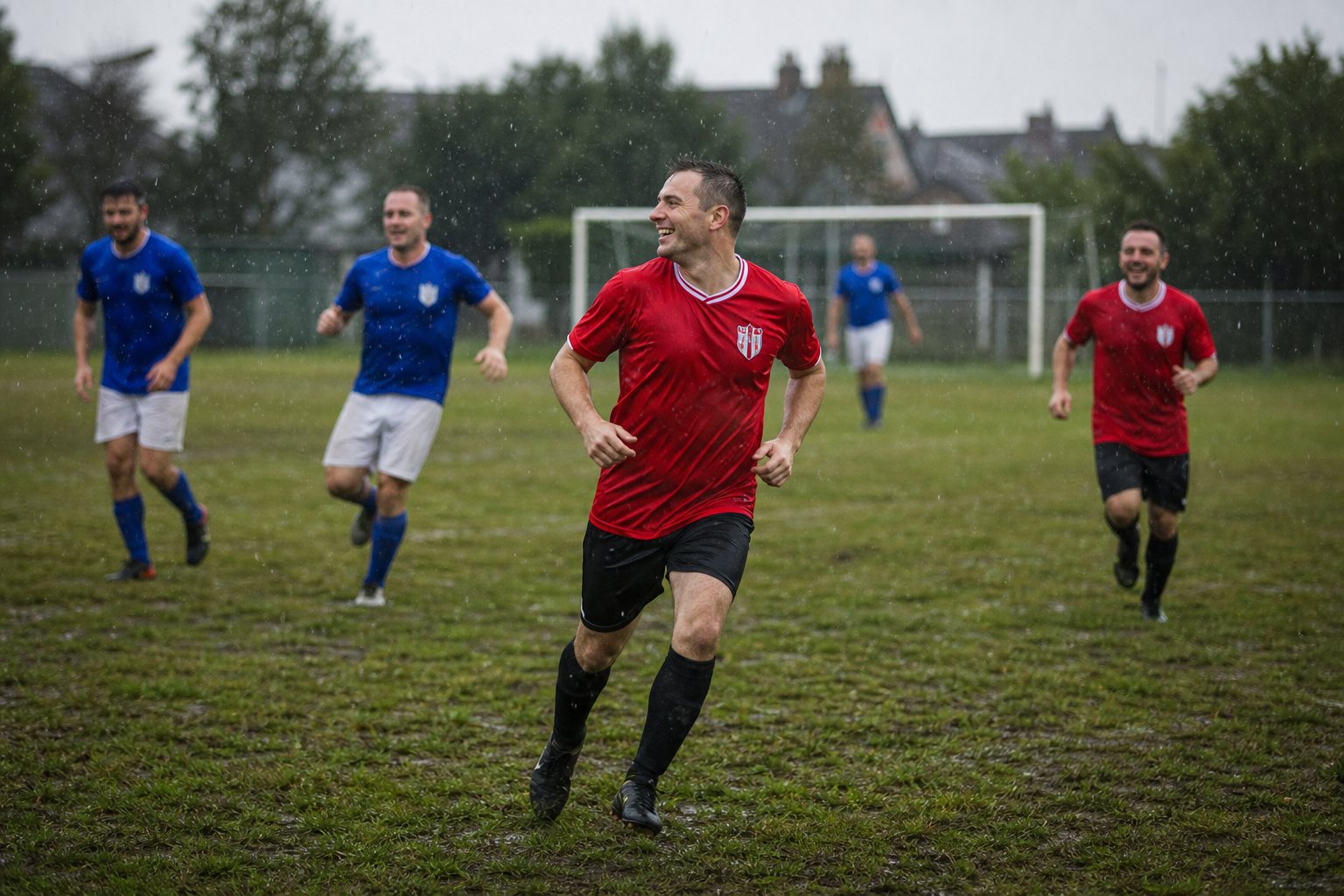 Jugadores amateur de fútbol en un campo municipal con lluvia ligera, césped mojado y partido en marcha