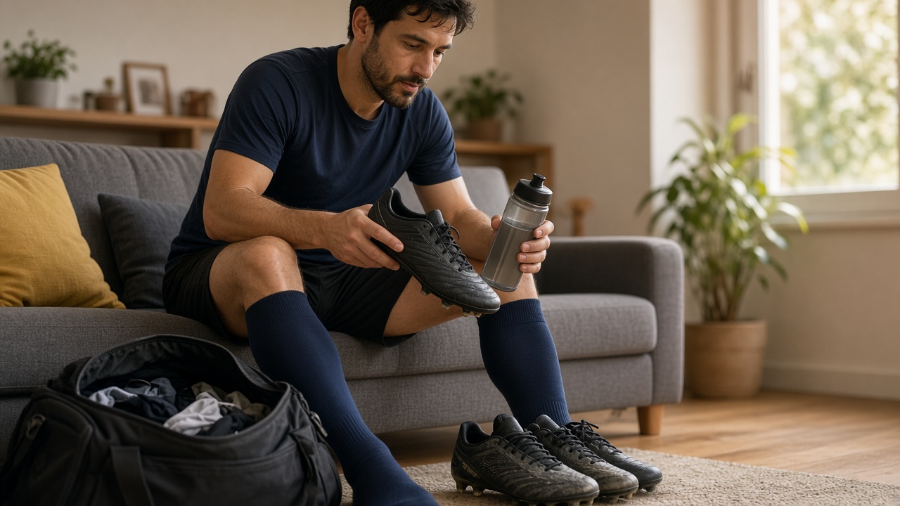 Jugador amateur revisando su mochila deportiva en el salón el sábado antes del partido de liga