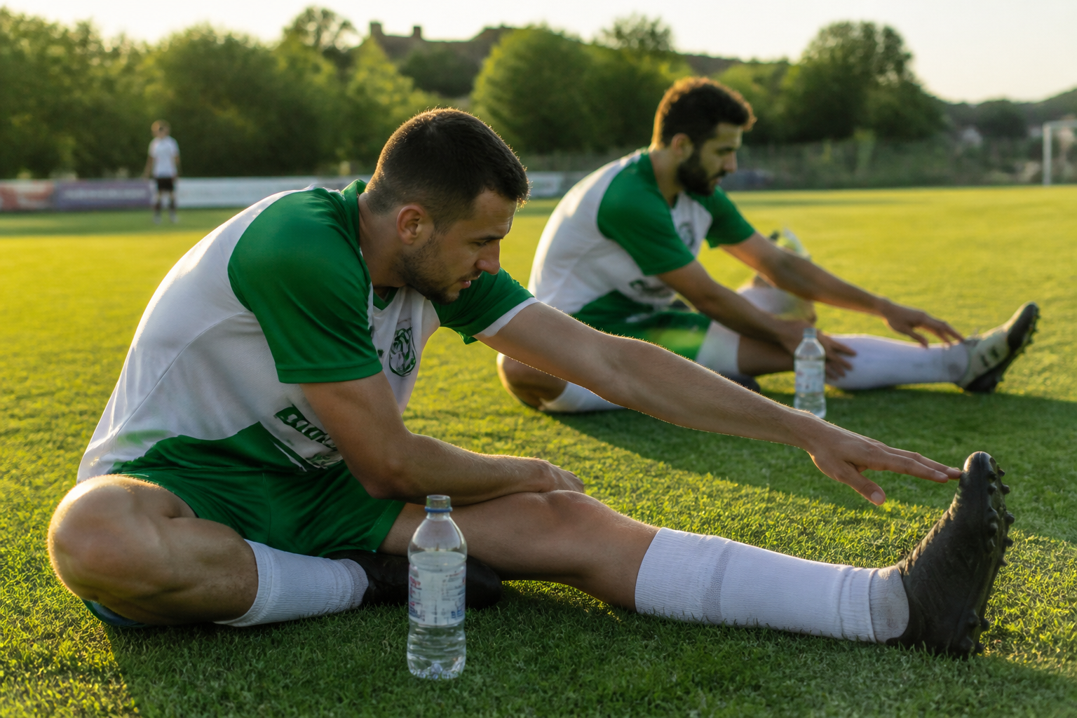 Jugadores amateur estirando en un campo de fútbol al atardecer de verano tras terminar el partido
