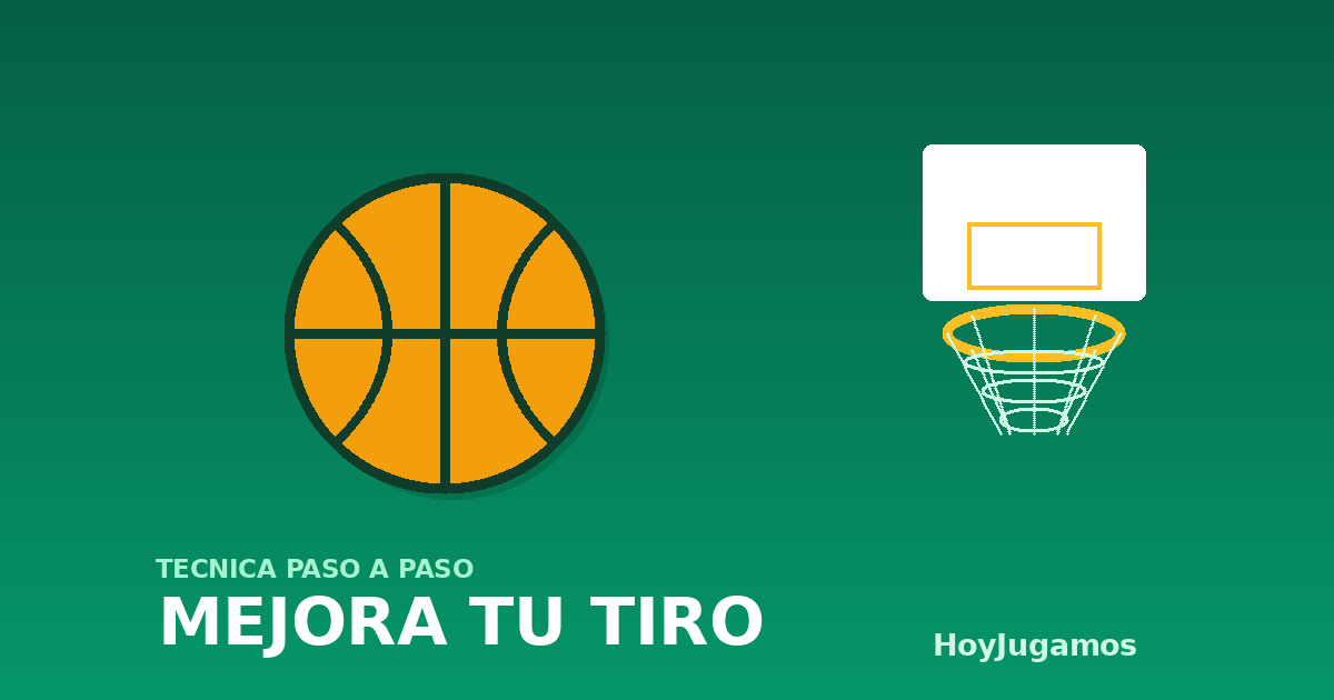 Ilustración de un balón de baloncesto y una canasta con el rótulo Mejora tu tiro, técnica paso a paso, de HoyJugamos