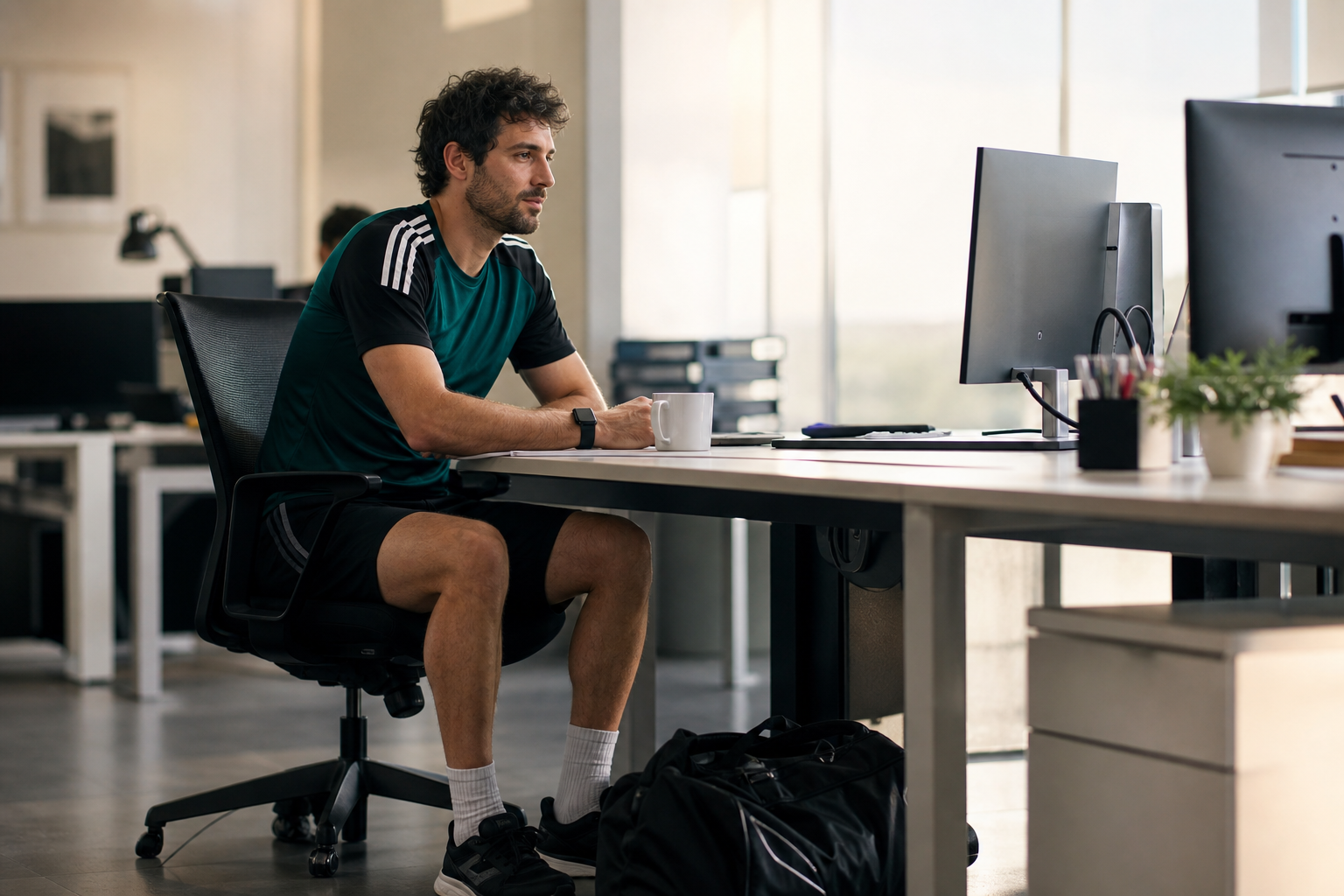Jugador amateur en la oficina un lunes por la mañana tras jugar el domingo, con mochila deportiva bajo el escritorio