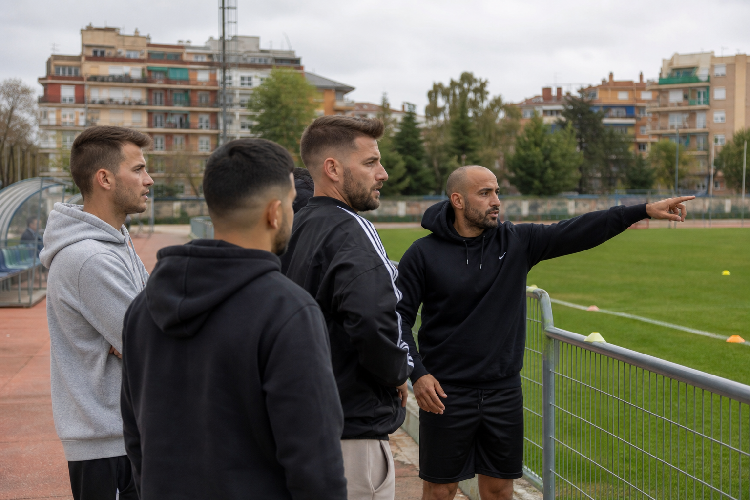 Equipo amateur charlando junto al campo el lunes por la tarde