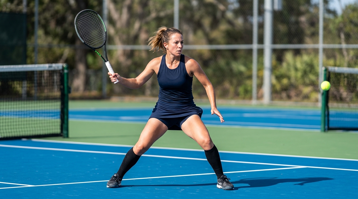 Jugadora de tenis en posición de reacción en una pista rápida azul