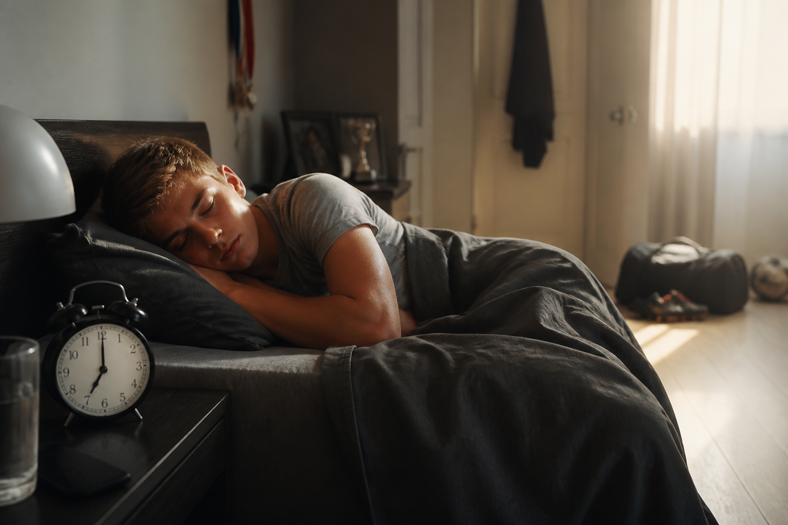 Jugador amateur durmiendo tranquilo la noche antes del partido con su equipación preparada