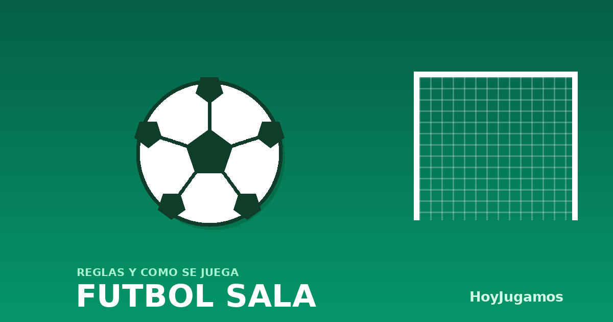 Ilustración de un balón de fútbol y una portería con el rótulo Fútbol sala, reglas y cómo se juega, de HoyJugamos