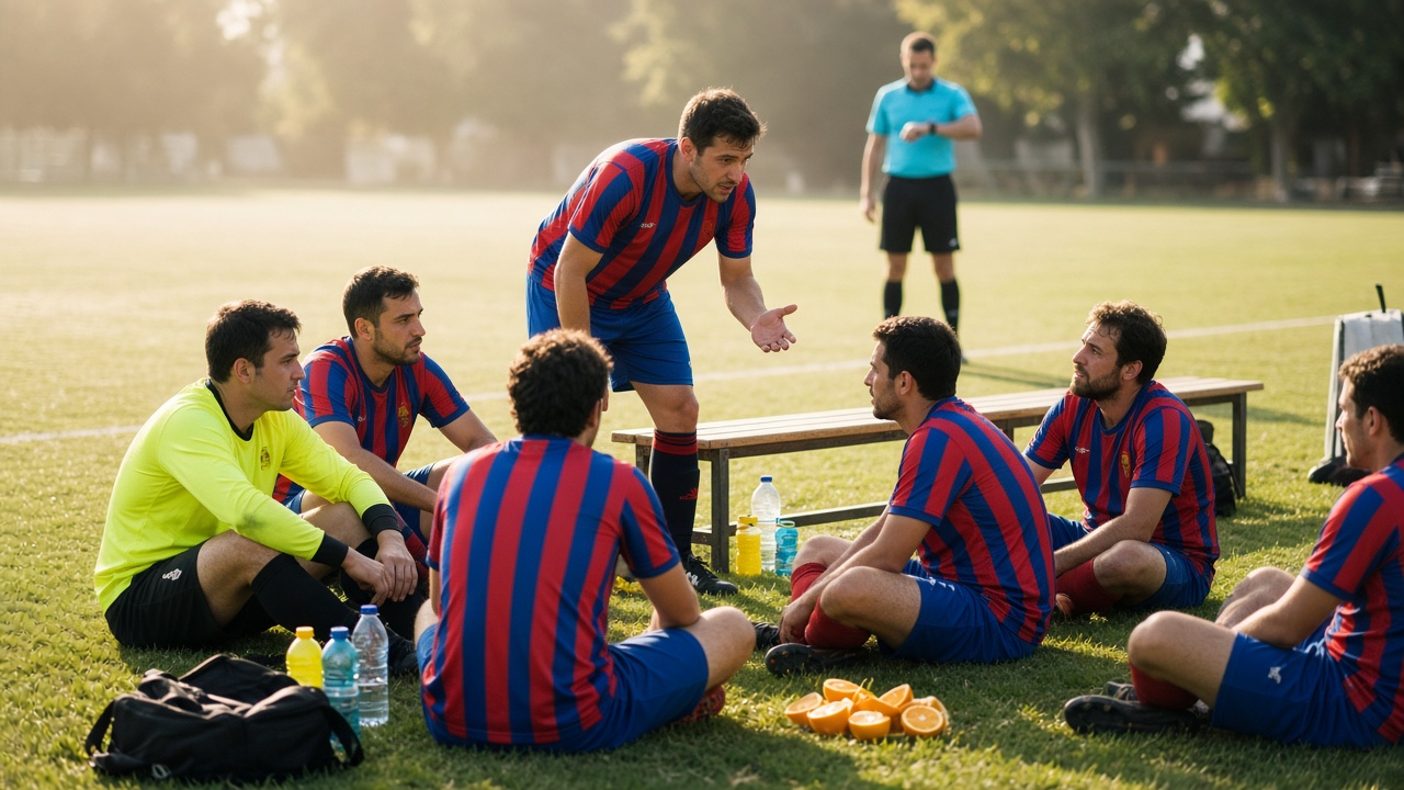 Jugadores de fútbol amateur en el descanso del partido, sentados en la banda con botellas de agua