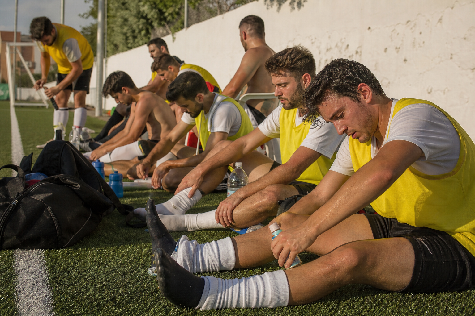 Jugadores amateur en la banda de un campo de césped artificial revisando botas y aplicando spray refrescante en verano