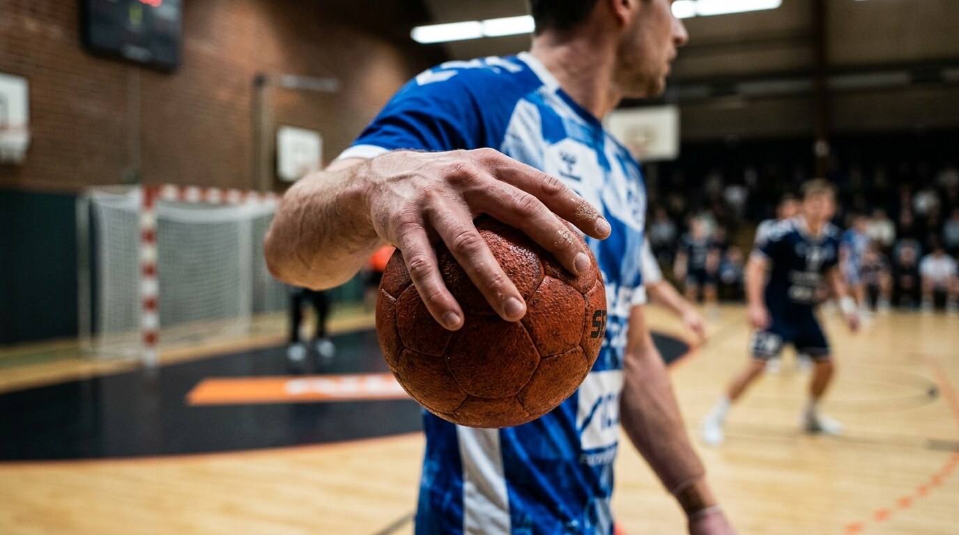 Primer plano de la mano de un jugador de balonmano sujetando con una sola mano el balon, que cabe en la palma.