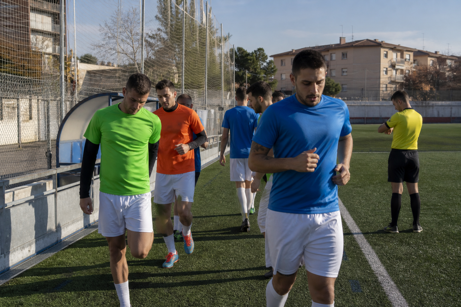 Equipo amateur haciendo calentamiento ligero en la banda antes de un partido de liga dominical