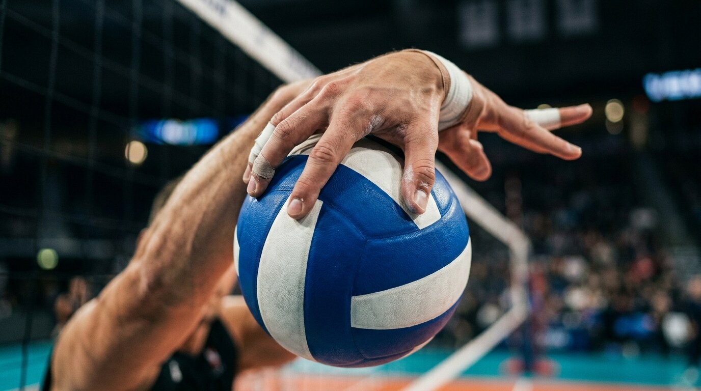 Primer plano de la mano de un rematador de voleibol golpeando el balon por arriba con la muneca.