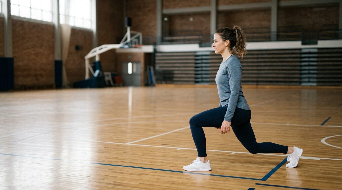 Mujer haciendo una zancada de calentamiento suave en una pista cubierta antes de entrenar.