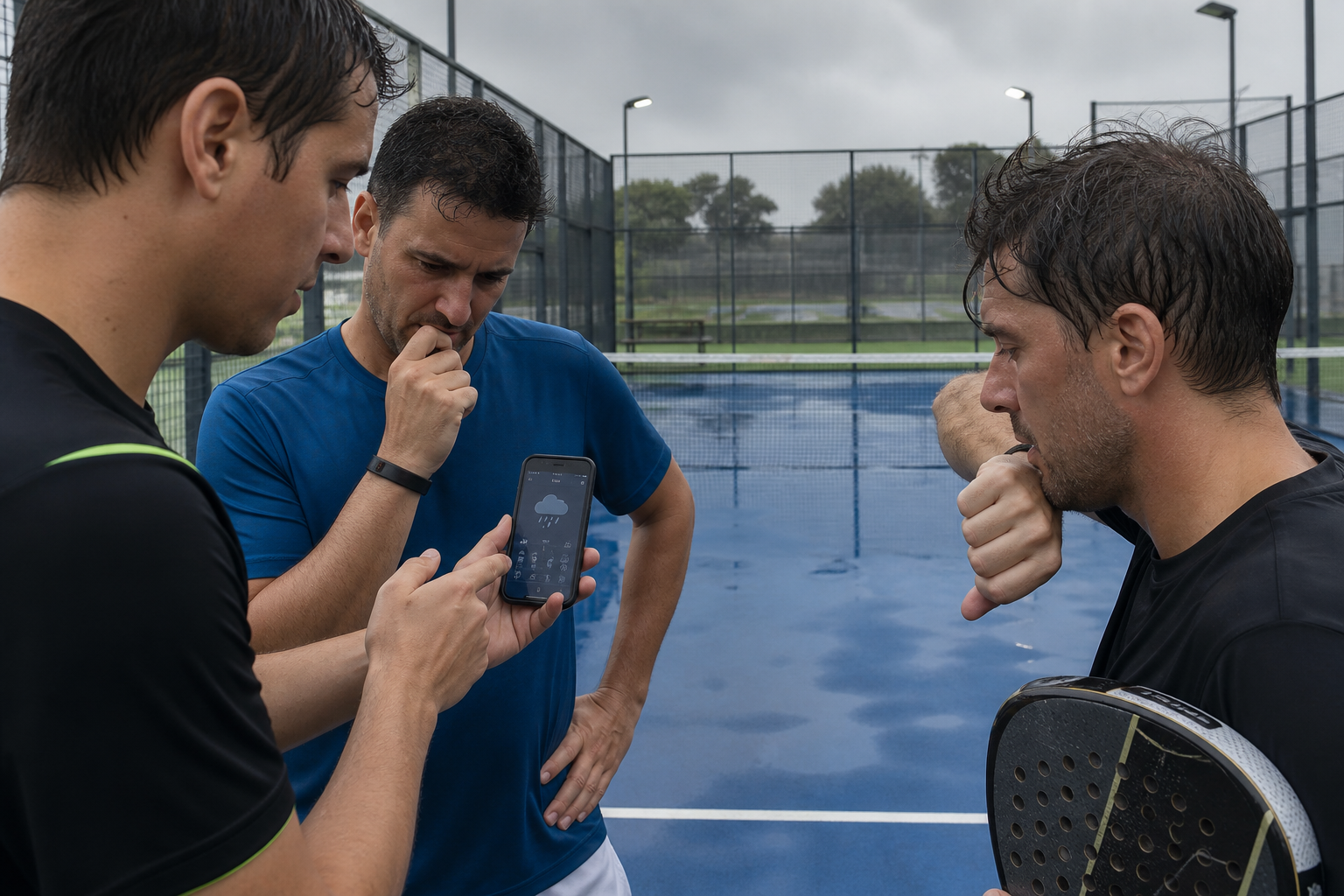 Jugadores de pádel consultando el móvil con el tiempo antes de un partido en una pista exterior mojada
