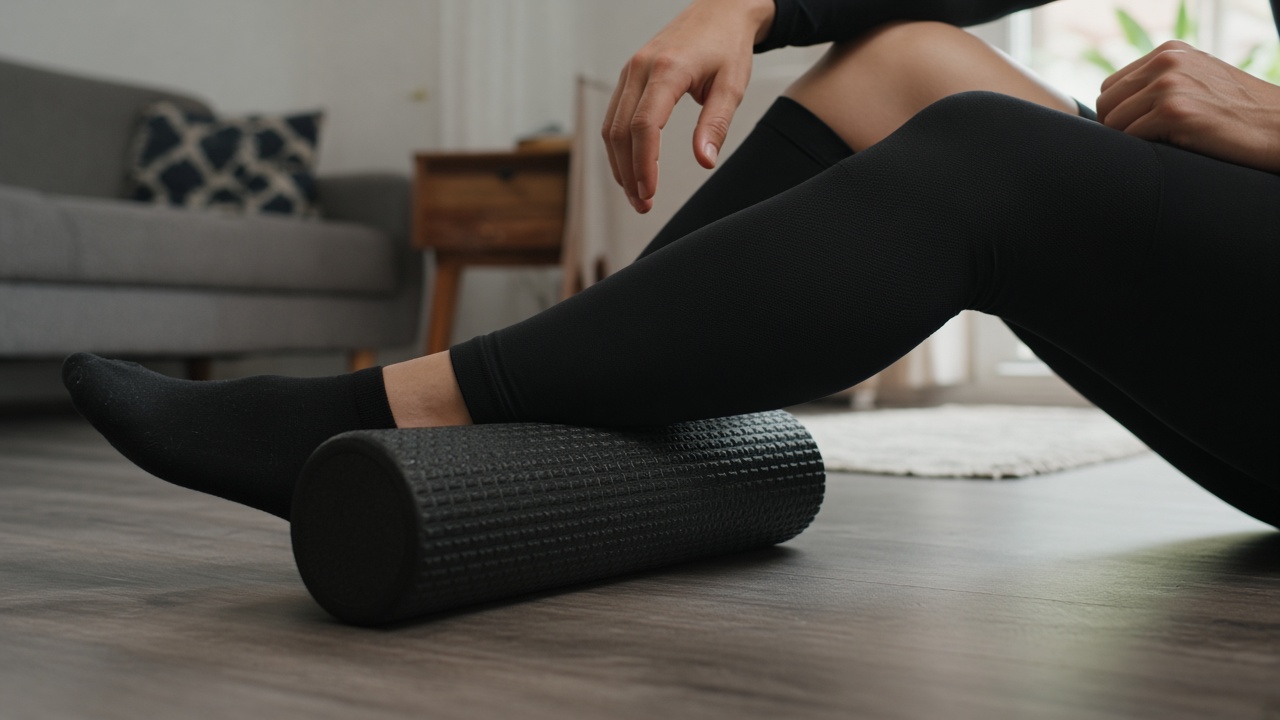 Jugador amateur haciendo recuperación ligera con foam roller en casa el lunes después del partido de liga
