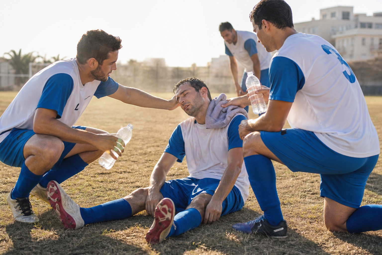 Jugadores amateur en un campo al sol, uno agotado sentado en el césped mientras sus compañeros le dan agua
